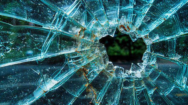 Abstract of a broken window, themes of violence and vandalism, cracked glass