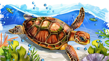 .Watercolor illustration of a sea turtle swimming underwater in the ocean, World Turtle Day concept - obrazy, fototapety, plakaty