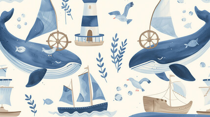 Whimsical Nautical Watercolor Pattern with Whales, Ships, and Lighthouse - obrazy, fototapety, plakaty