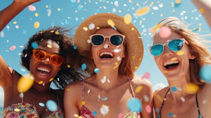 Summer holiday concept. Beautiful young girls in a hat and sunglasses. Advertising background with joyful resting people.