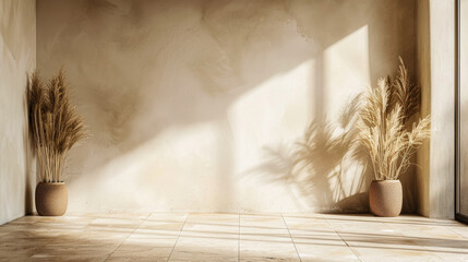 A room with a white wall and two potted plants. The plants are in a basket and are placed on the floor. The room is empty and has a minimalist feel