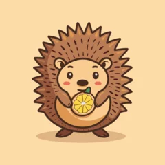Foto op Canvas A cartoon hedgehog holding a lemon in its mouth. The hedgehog is cute and friendly, and the lemon adds a playful touch to the scene © viklyaha