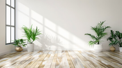 A large empty room with a window and two potted plants. The room is white and has a minimalist feel - obrazy, fototapety, plakaty