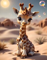Artistic giraffe in a desert, surrounded by floating orbs of various sizes and colors, Generative AI.