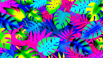 Fototapeta na wymiar Explosion of neon tropical leaves in a dazzling array of pink, blue, and green, perfect for dynamic designs and bold decor. Features copy space