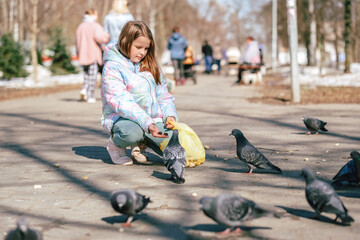 A cute teenage girl feeds pigeons in the park with bread. The girl in the jacket. Spring, the sun.	 - obrazy, fototapety, plakaty