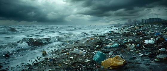 Coastal Pollution: Plastic Waste on Beach with Ominous Clouds. Concept Beach Cleanup, Environmental Conservation, Plastic-Free Living, Coastal Preservation, Responsible Tourism