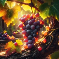 Ripe bunch of grapes growing on a grape bush