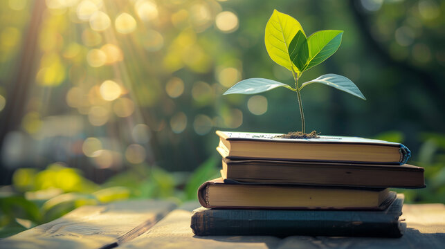 Sapling Sprouting from Stack of Books in Sunlight, Concept of Knowledge and Growth