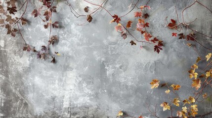 Fall grapevine branches against gray plaster wall Abstract backdrop - obrazy, fototapety, plakaty