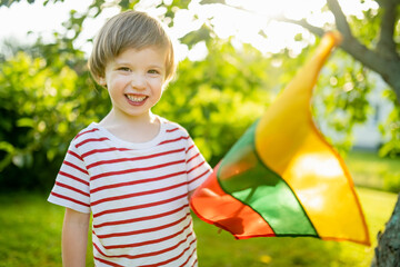 Cute boy holding tricolor Lithuanian flag on Lithuanian Statehood Day, Vilnius, Lithuania - 794963391