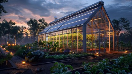 An IoTenabled smart greenhouse at dusk, with sensors and automated systems monitoring and adjusting environmental conditions, while solar panels on the roof generate clean energy to power the innovati