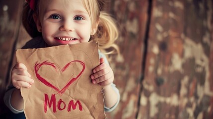 Smiling young girl displaying a handmade sign featuring a heart and the word 'Mom' - Mother's Day Gift.