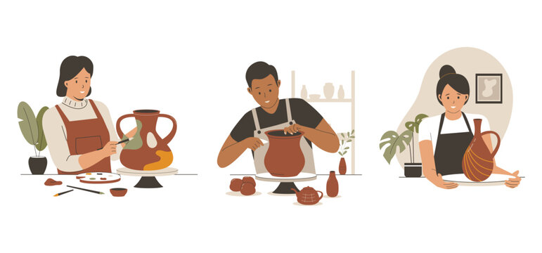 Illustration set of people potter makes a ceramic pot. Artisan making clay pot at workshop. Flat illustration set