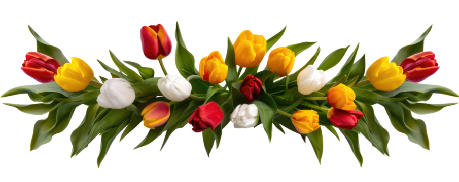 set of red, yellow and white tulips isolated on white or transparent png