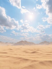 Fototapeta na wymiar Desert landscape at sunset with sun rays piercing through clouds.