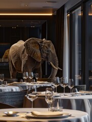 Fototapeta premium Elephant standing amidst a luxury dining setup, creating a surreal restaurant scene.