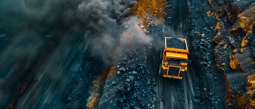 Coal mining operation with dump truck at open pit site. Concept Coal Mining, Dump Truck, Open Pit, Industrial Equipment, Mining Operations