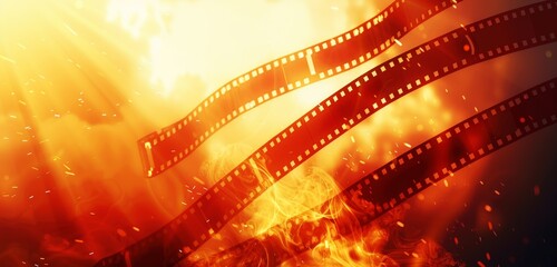 A glowing film reel with a fiery orange abstract backdrop. - obrazy, fototapety, plakaty