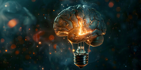 A glowing light bulb with a brain inside sits on a bed of The bulb is turned on and the brain is visible through the glass, Brain in Lightbulb, creative and logic brain, spark and lights, 