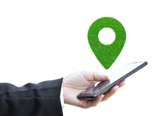 Businessman holding smartphone with location map pin, Isolated on white transparent background. PNG File Format