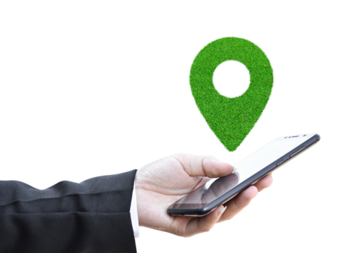 Businessman holding smartphone with location map pin, Isolated on white transparent background. PNG File Format