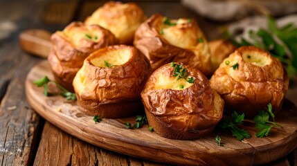 A lot of fresh hot popovers on wood plate or wooden board. Easy cooking, tasty breakfast, close up. Yorkshire pudding  - obrazy, fototapety, plakaty