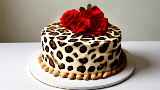  Elegant leopard print cake adorned with vibrant red roses