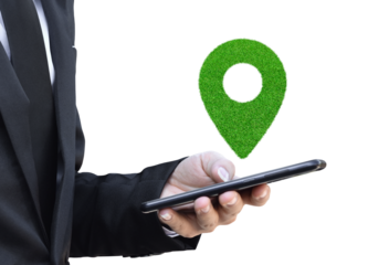 Businessman holding smartphone with location map pin, Isolated on white transparent background. PNG File Format