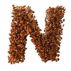 Capital letter N, made from coffee beans. Coffee font. Alphabet made from coffee beans. Transparent background.