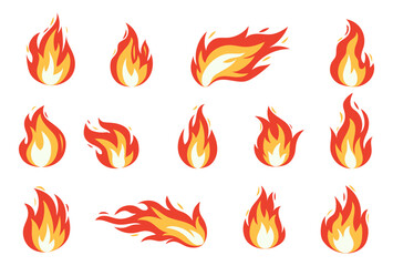 Vector bright burn flame icon set isolated on white background. Hot fire flat clipart sings collection. Burning fireball signs