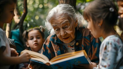 Fototapeta premium Elderly Lady Reading to Children, Great for Education and Generational Unity