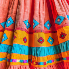 Mexican Tapestry Dress: A close-up showcasing a vibrant dress with geometric patterns, inspired by Pre-Columbian art.