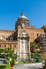 Palermo, Sicily, Italy. Statua di Santa Rosalia in the garden of the Cathedral Palermo. Sunny summer day