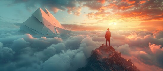 Leadership or personal freedom to choose the path to success. Businessman standing on top of mountain who are looking for new opportunities