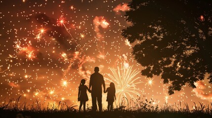 Backlit silhouette of a family enjoying a fireworks show from their backyard