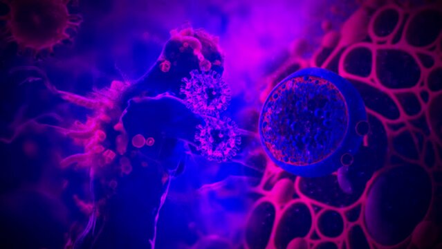 animation - Microscopic view of viruses and cells in vivid colors