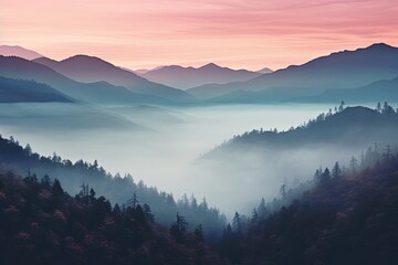 Misty Mountain Gradient Views: Foggy Hillside Hues Captured in Twilight