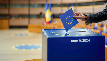 Closeup of a hand casting a vote for the European Elections in a ballot box with the flag of the European Union
