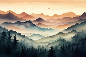 Misty Mountain Gradient Views: Serene Highland Dawn Colors