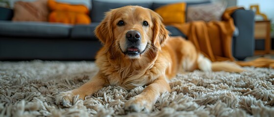Clean up muddy dog mess from living room carpet with deep cleaning. Concept Household cleaning, Pet stain removal, Carpet deep cleaning