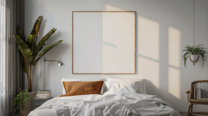 A white bed with a brown pillow and a white blanket. A large white framed picture hangs on the wall