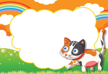 Cartoon cat with speech bubble in a lively scene.