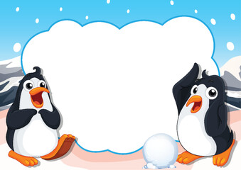 Two cartoon penguins playing with a snowball.