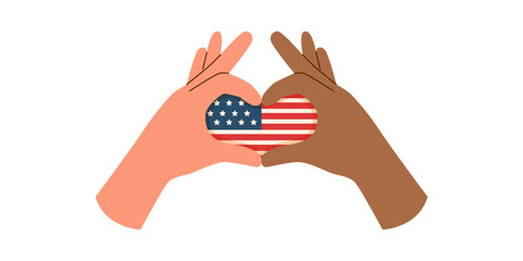 Hands showing the shape of heart gesture with american flag. Memorial day and Independence day concept. Vector flat illustration.