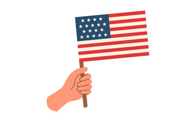 American flag in human hand in flat style isolated on white background. Memorial day and Independence day concept.