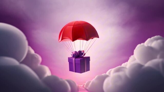 Animation of a gift box flying with a red parachute