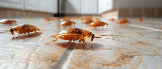 Emphasizing the Importance of Pest Control and Cleanliness with Cockroaches in a Dirty Kitchen. Concept Pest Control, Cleanliness, Cockroaches, Kitchen Hygiene, Importance