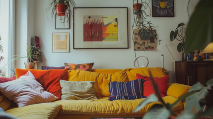 A living room with a yellow couch and a lot of pillows. The couch is covered in pillows of different colors and sizes. There are also several potted plants in the room
