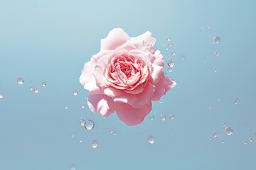 A delicate pink rose floats amidst sparkling water droplets on a tranquil blue backdrop, creating a scene of serene beauty and pure elegance, perfect for beauty and romantic themes. - 794971591